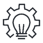 A line icon of a gear wheel with a light bulb inside, representing innovation and problem-solving in the fields of cybersecurity and IT support.