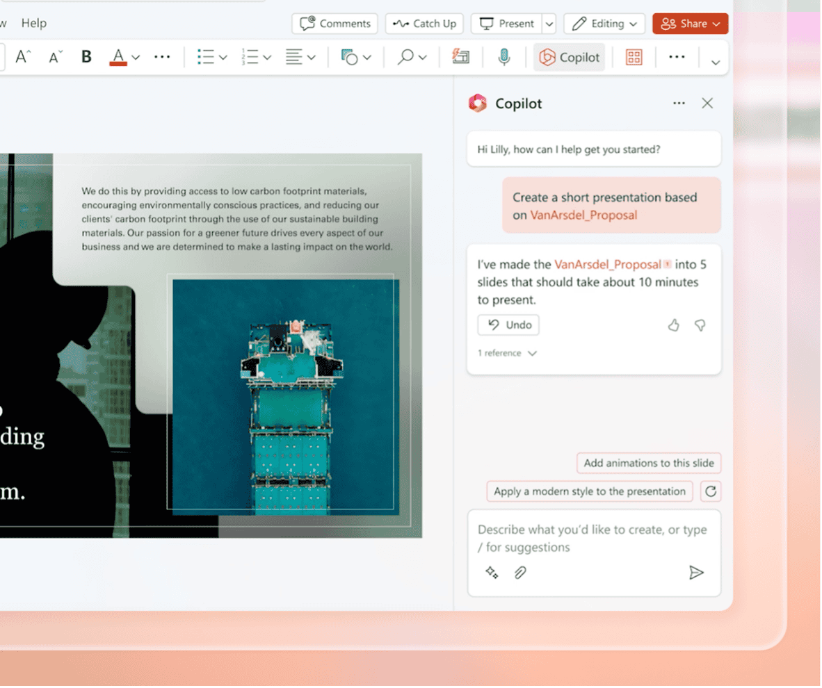 Screenshot of a presentation software with a slide in progress on the left and a Copilot chat window on the right discussing creating a short presentation based on the "VanArsdel_Proposal.